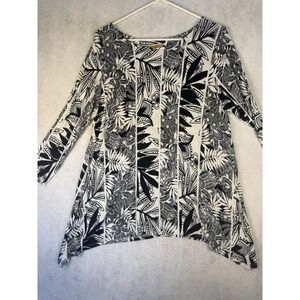 Ruby Rd Black White Abstract Print Tunic Top 3/4 Sleeve Stretch Size L